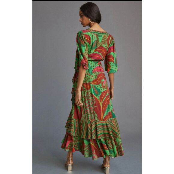 NWOT Farm Rio Floral Tropical Green Flutter Sleeve Tiered Ruffle Maxi Wrap Dress - Picture 2 of 12